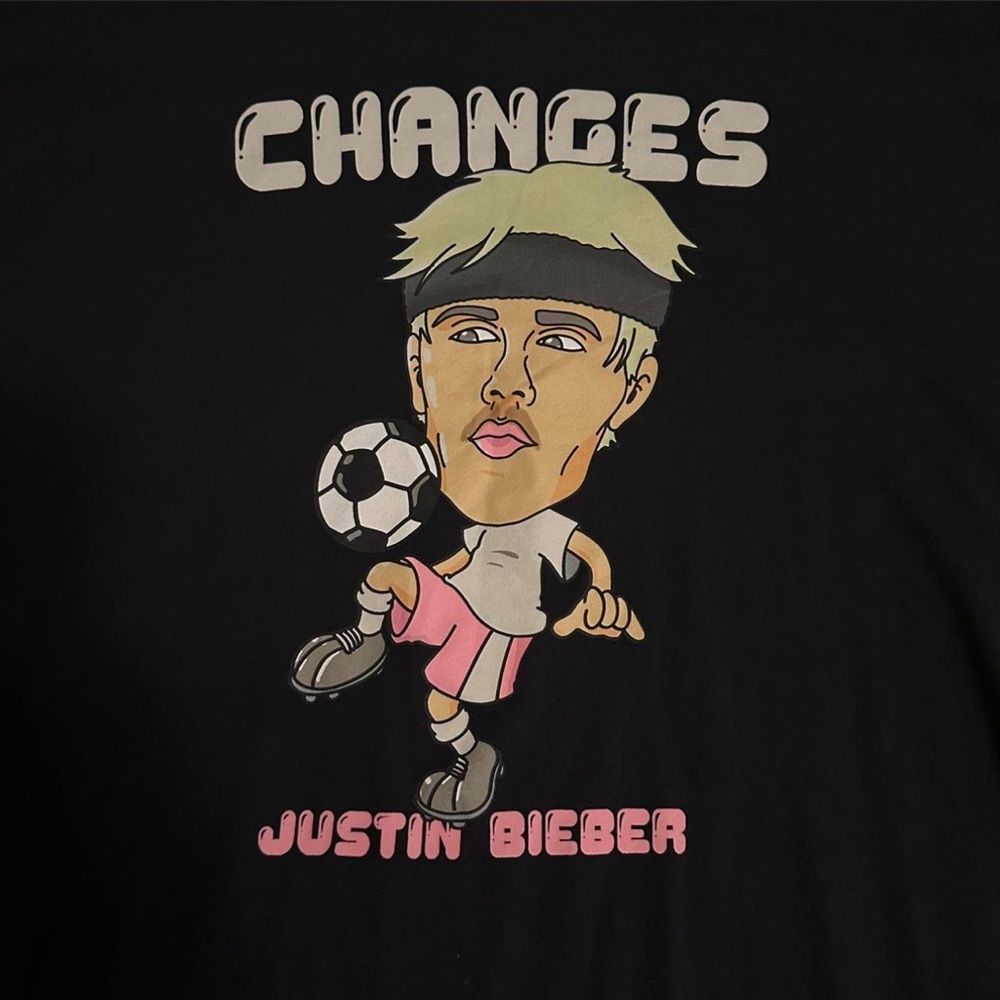 Justin Bieber Black Tee with Pink and Cream Graphic
